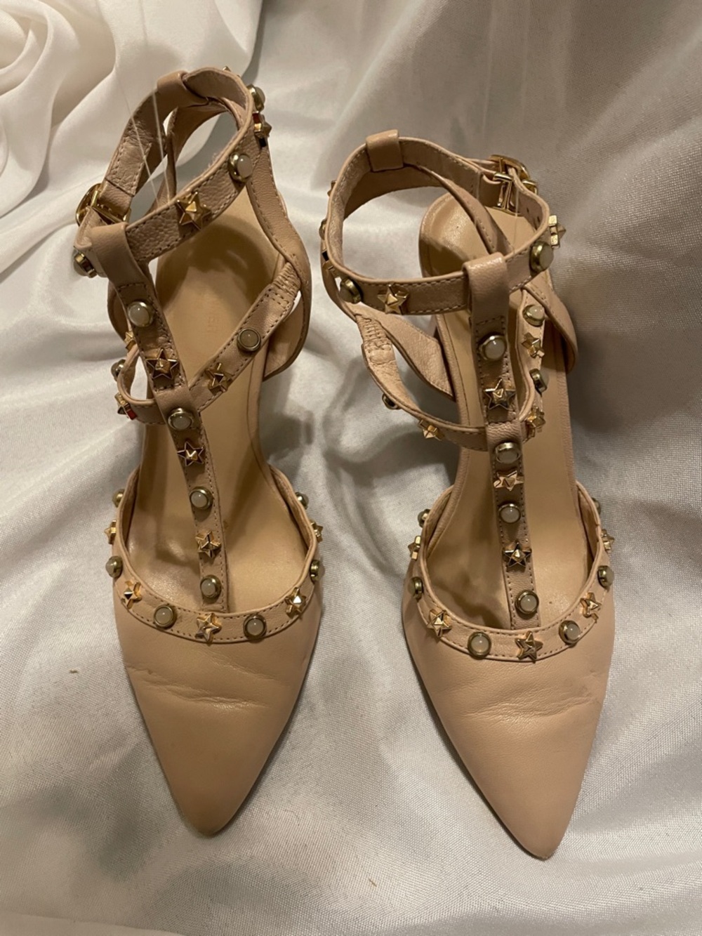 Studded T-Strap Pointed Pumps in Beige